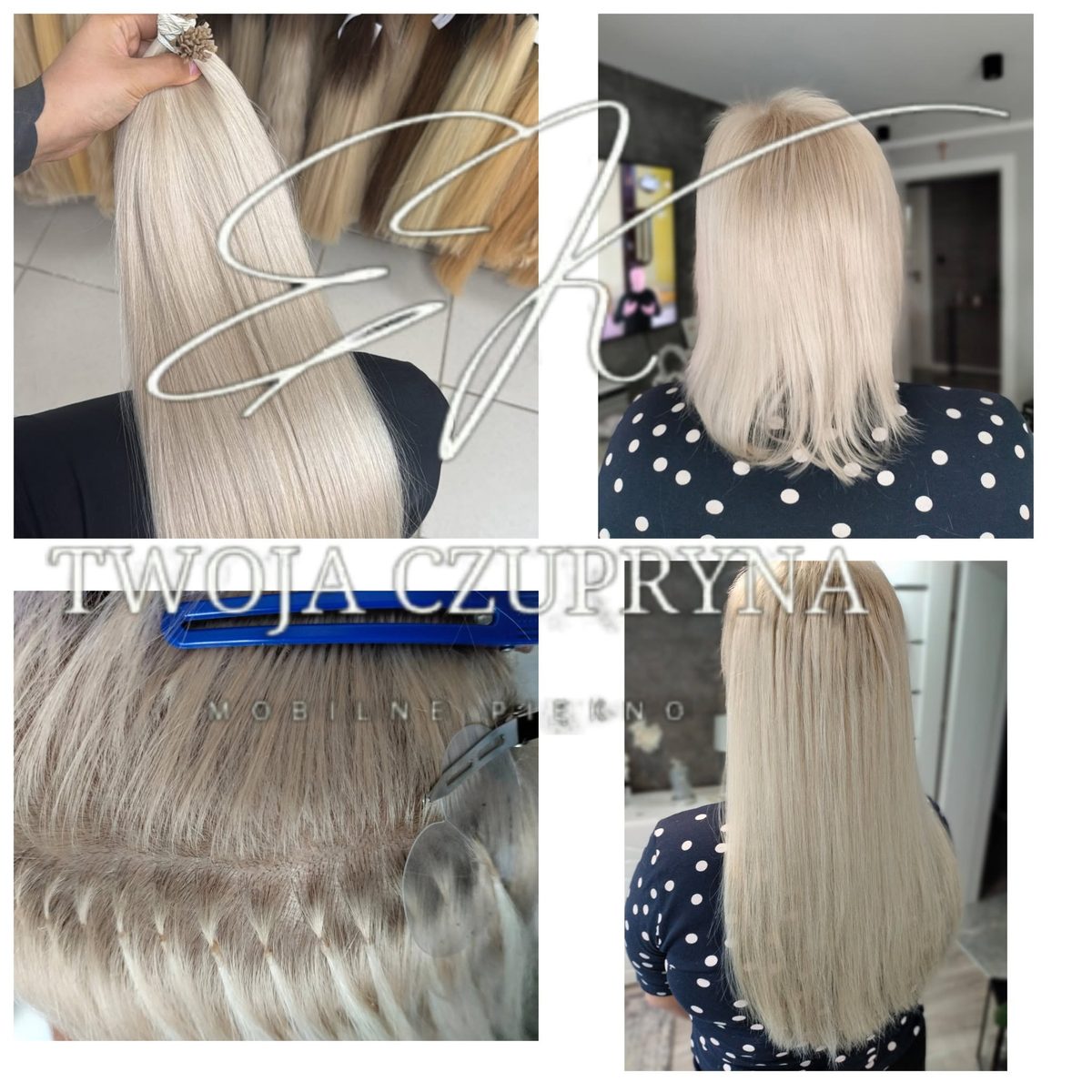 Przedłużanie włosów metodą keratynową — platynowy blond, zbliżenie na łączenia