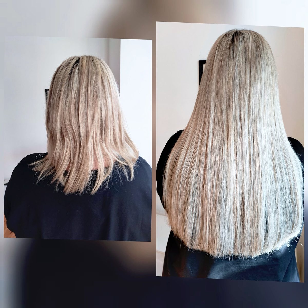 Przedłużanie włosów — efekt przed i po, blond